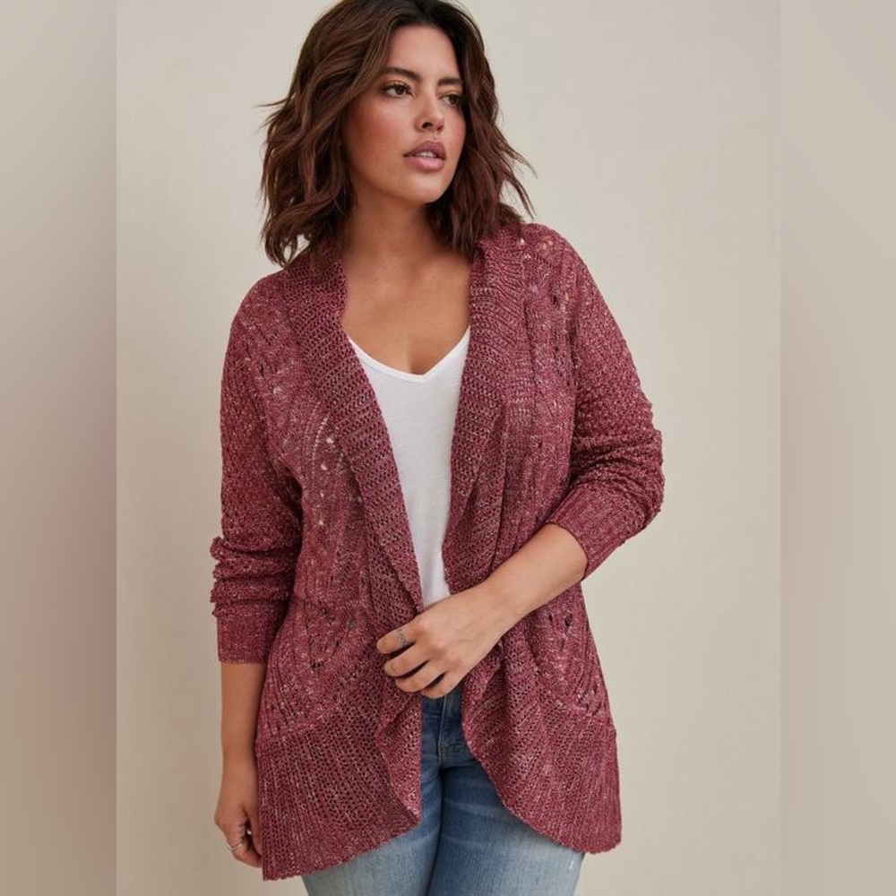 Torrid Pointelle Open Front Cardigan Size 0 Large Pink Cozy Knit Sweater